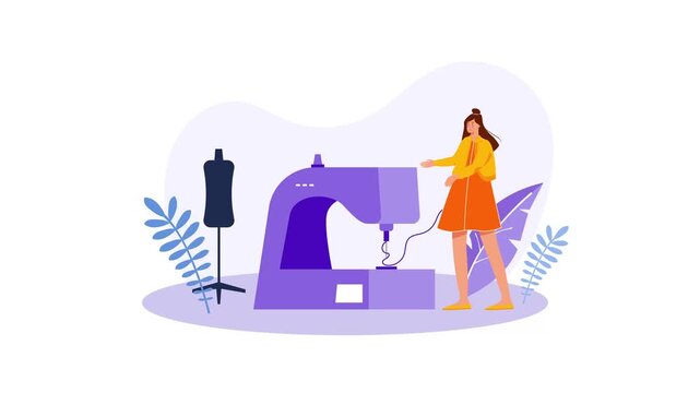 Female fashion designer working at sewing machine in flat vector animation