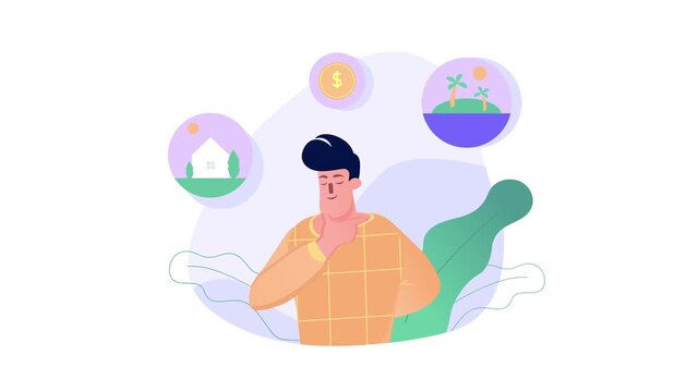 Thoughtful man with real estate, savings and island icons animation