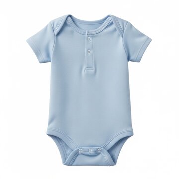 Light blue knit short-sleeve baby onesie with button details.