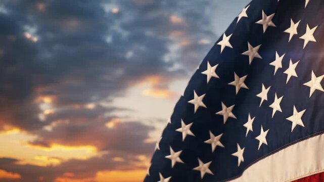 Close up of american flag waving against sunset sky
