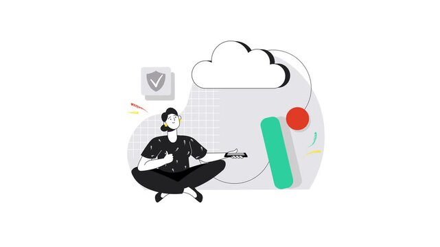 Woman using smartphone beside cloud security icon in abstract animation