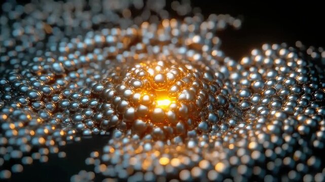 Abstract digital animation footage showcasing countless metallic spheres vibrating in an undulating pattern with intense central orange light motion blur.