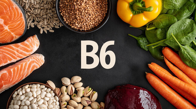 B6 sign surrounded by products containing the water-soluble vitamin. Dietary, essential supplements and healthy food concept. Top view for poster, frame, board, design
