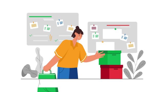 Animated woman organizing project notes on office boards near storage boxes