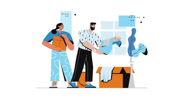 Animated flat illustration of couple unpacking boxes in new home interior