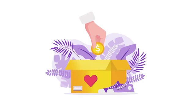 Animated hand dropping coin into charity donation box with heart