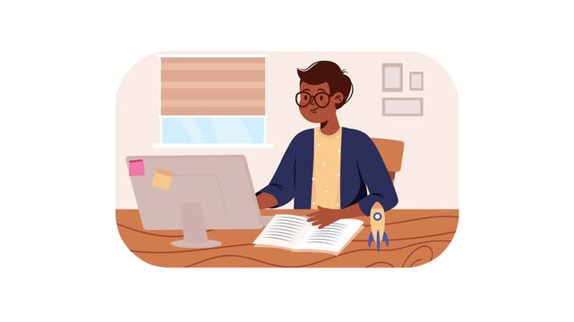 Animated young freelancer in home office working at laptop and notebook