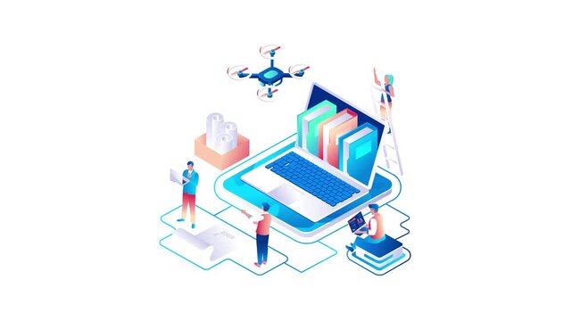 Isometric animation of team working around laptop, drone and digital guide