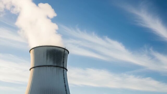 industrial cooling tower emitting steam under blue sky