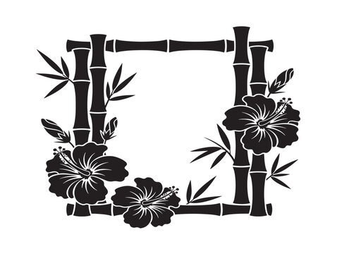 Vibrant hibiscus and bamboo frame silhouette for beach resort and tiki branding