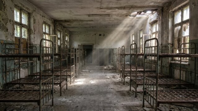 Abandoned dormitory, rusted metal beds, dramatic sunlight through dusty windows, revealing profound decay and forgotten past