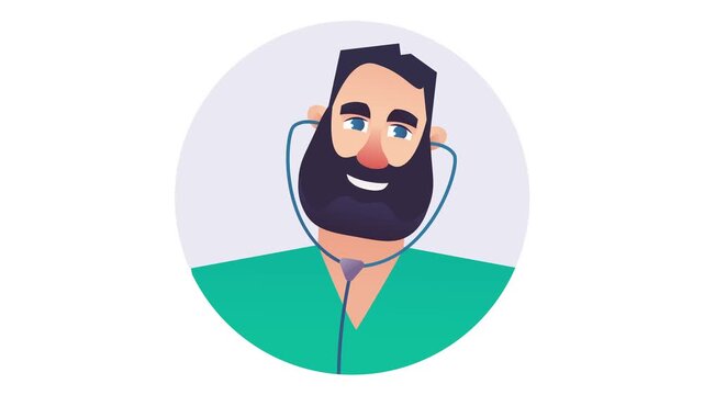 Smiling bearded doctor with stethoscope avatar in flat vector animation