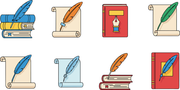 Vintage writing and literature icons collection with books scrolls and feather quill pens in flat cartoon vector illustration set