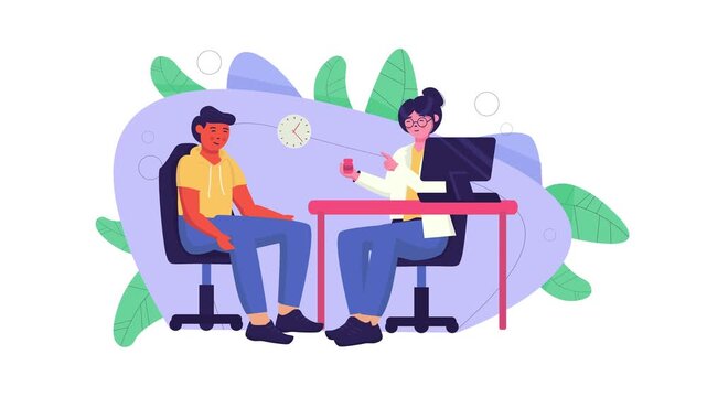 Animated job interview scene with recruiter and candidate at desk