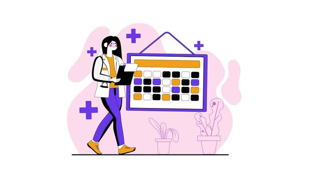 Animated female doctor planning appointments beside medical calendar