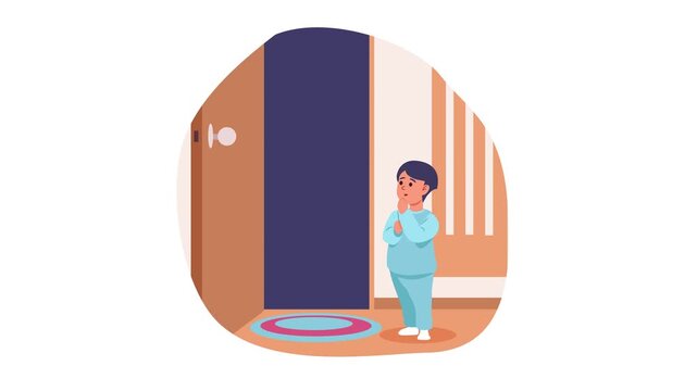 Animated child worried beside open closet with shadowy figure at home