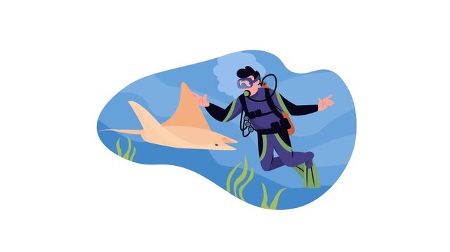 Scuba diver swimming beside shark in animated underwater ocean scene