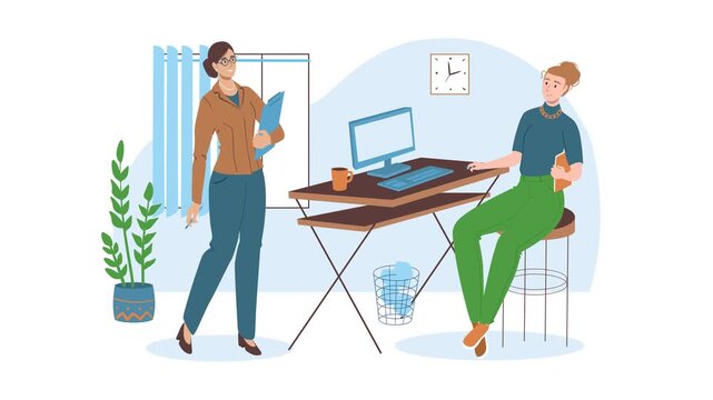 Animated office meeting with two women at a modern desk workspace