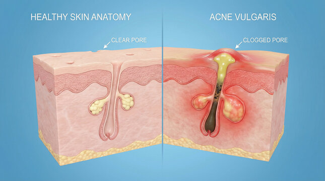 3D Anatomy Comparison of Clear Pore and Acne Vulgaris Clogged Pore