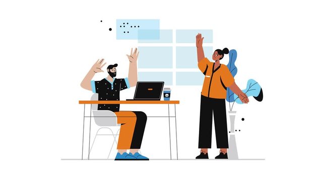Diverse coworkers celebrating success with high five in modern office animation