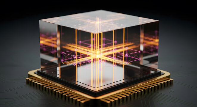 Futuristic Optical Quantum Processor AI Chip Made of Transparent Crystal and Magenta Laser Beams