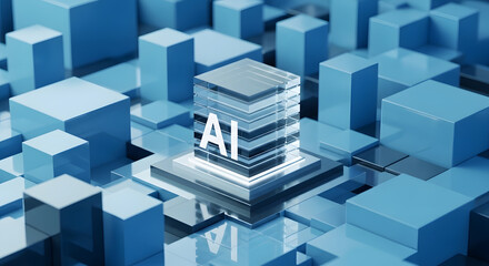 Obraz premium Futuristic 3D Glass Architecture with AI Text on Translucent Cyan Cubes and Abstract Data Blocks