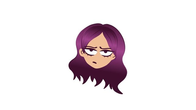 Animated purple haired woman emoji with skeptical expression isolated on white