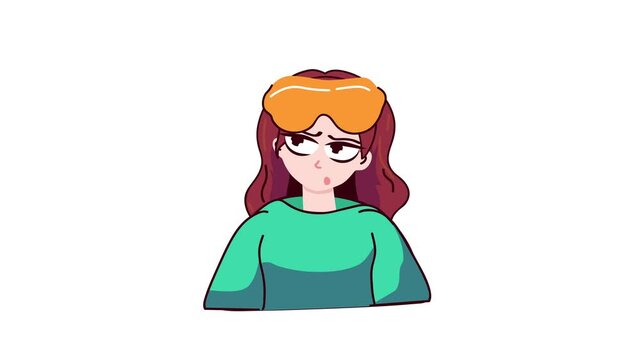 Animated cartoon woman with sleep mask and annoyed expression isolated
