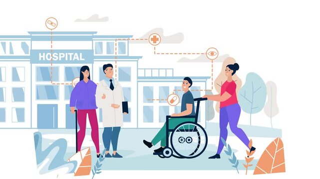 Animated hospital scene with doctor, nurse and wheelchair patient outdoors
