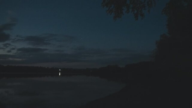 Dark lakeshore under single star, tree silhouettes framing quiet water with faint horizon glow grainy night mood, gentle ripples and deep navy sky evoke solitude, perfect for stargazing, contemplative