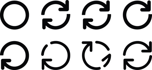 Fototapeta premium Flat line art vector of eight black circular arrows arranged in two rows creating simple clean repeating clockwise pattern design