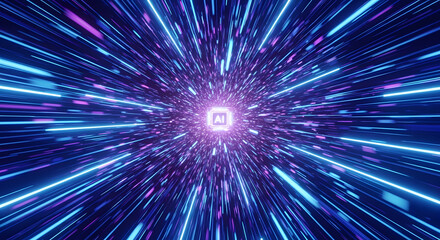 Fototapeta premium High Speed Digital Data Tunnel Converging to Glowing AI Core in Futuristic Cyber Space