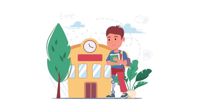 Schoolboy with books outside school building in animated cartoon style