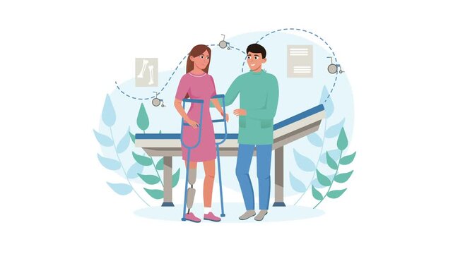 Orthopedic rehabilitation doctor supporting patient with crutches in clinic