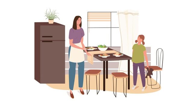 Animated mother and daughter serving dinner in a modern kitchen