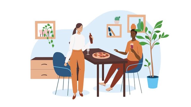 Animated diverse women enjoying pizza and drinks in cozy dining room
