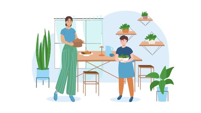 Couple serving salad in plant-filled dining room animated illustration