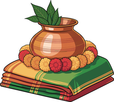 Traditional indian pothys and kalasham for puja ceremony