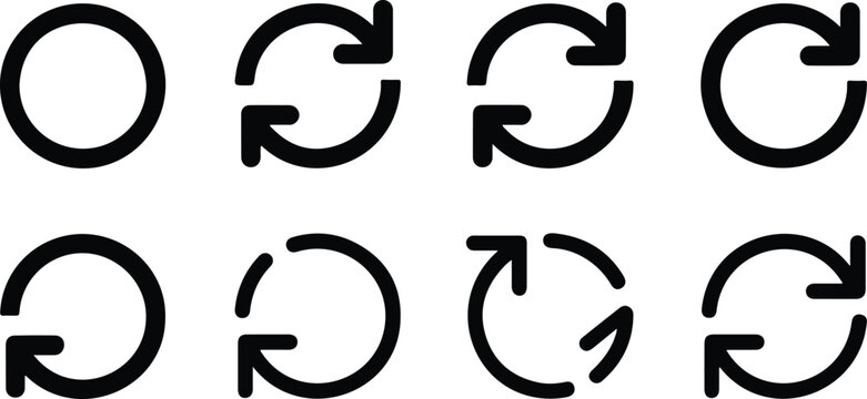 Flat line art vector of eight black circular arrows arranged in two rows creating simple clean repeating clockwise pattern design