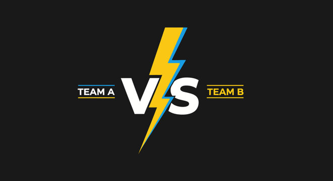 Competitive "VS" battle symbol with a yellow lightning bolt between Team A and Team B, on a dark studio background.