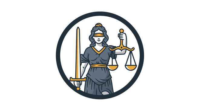 Lady Justice Holding Scales and Sword in a Circle, Symbol of Law and Fairness, Isolated White Background.