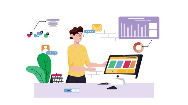 Animated social media analytics illustration with woman at computer desk
