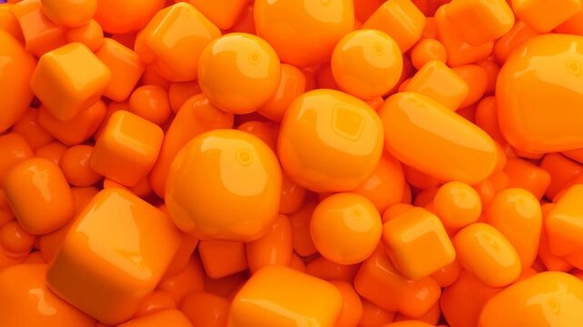 Tracking pan close up of glossy orange spheres and rounded cubes shifting and settling across studio tabletop macro set