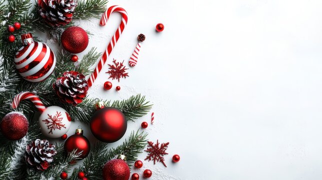 Christmas holiday decorations with pine branches and candy canes arranged with festive ornaments and red berries on a white background