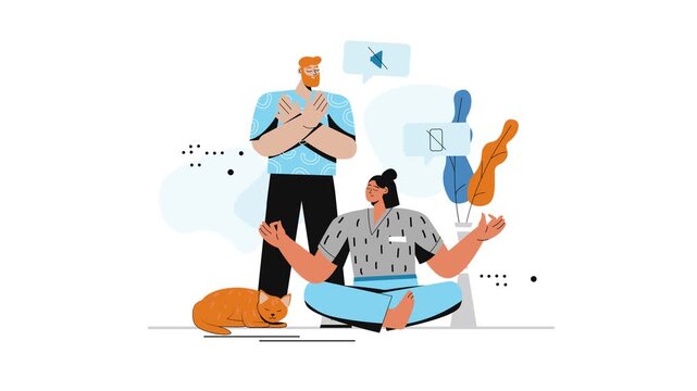 Flat animation of people meditating with cat and communication icons