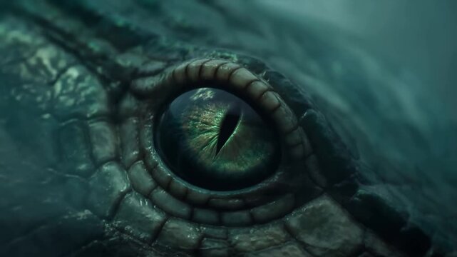 Slow motion tracking shot of reptile eye dilating and blinking with subtle water ripple on textured scales in murky underwater swamp environment