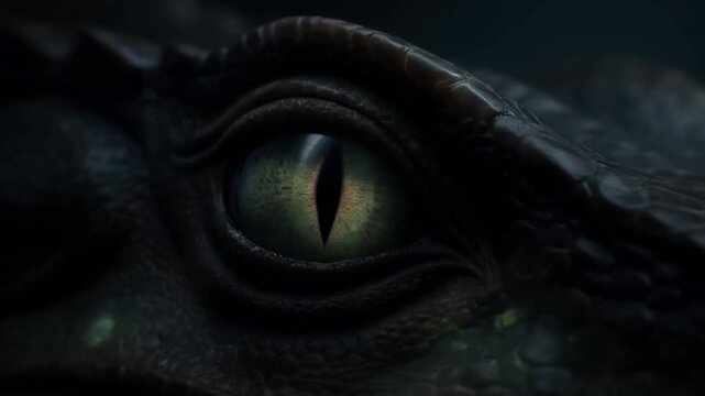 Slow tracking dolly shot of reptile eye dilating and shifting over textured scales in dark cave and swamp at night