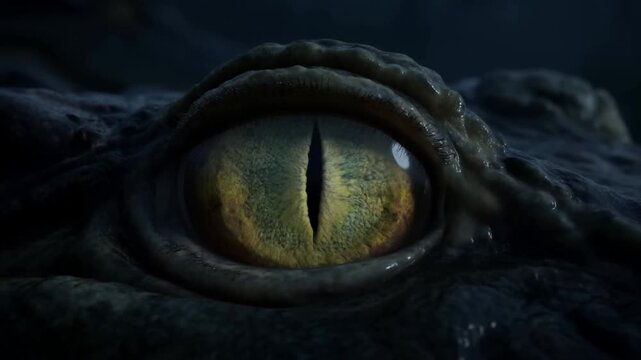 Tracking slow motion close up of crocodile eye narrowing and blinking over wet textured skin in swamp at night amid quiet nocturnal setting