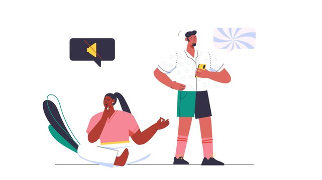 Animated people chatting with muted speaker icon in flat illustration