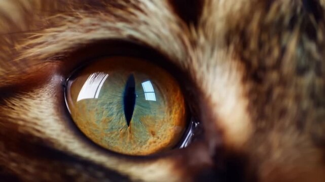 Tracking shot of cat eyes shifting and blinking across close up face in indoor home portrait with slow pan revealing amber pupils and textured fur